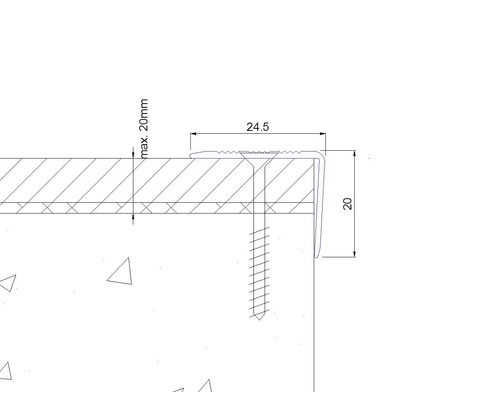 Technische Zeichnung eines Treppenkantenprofils mit Maßangaben und Befestigungsschraube.