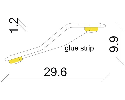 Diagramm einer Zierleiste mit den Massen 1,2, 6,6 und 29,6 sowie einem Klebestreifen