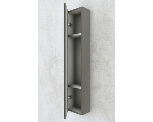 Meuble haut gris ouvert avec deux étagères pour salle de bains