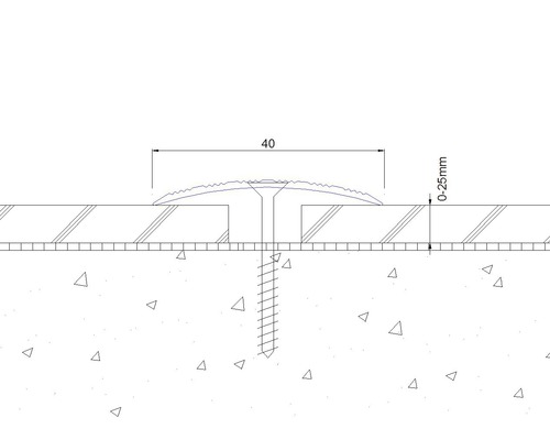 Schéma technique d''un profilé de transition de 40 millimètres de large et d''une hauteur de 0 à 25 millimètres, fixé par une vis.