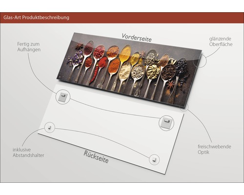 Tableau en verre avec des épices dans des cuillères, entretoises incluses pour la suspension