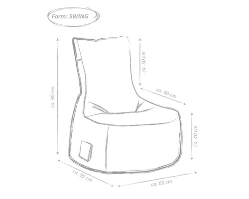 Schéma d''un pouf fauteuil avec des dimensions de 95 cm x 90 cm x 65 cm x 50 cm x 60 cm x 40 cm en forme de balançoire