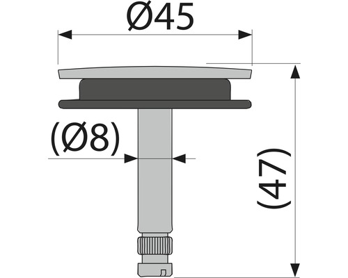 Technische Zeichnung eines Ablaufventils mit den Maßen 45 Millimeter Durchmesser und 47 Millimeter Höhe