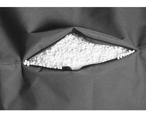 Detailansicht eines Sitzsacks mit Reissverschluss und Füllung