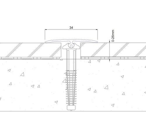 Technische Zeichnung eines Übergangsprofils mit Befestigungsschraube und Maßangaben