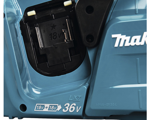 Logo Makita sur une tronçonneuse à batterie avec compartiment à batterie de 36 volts