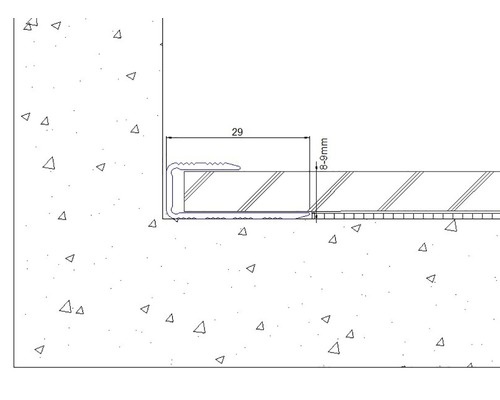 Technische Zeichnung eines Treppenkantenprofils mit den Maßen 29 Millimeter und 8 bis 9 Millimeter.