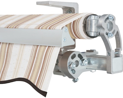 Vue détaillée d''un store banne avec tissu rayé et structure de couleur argent