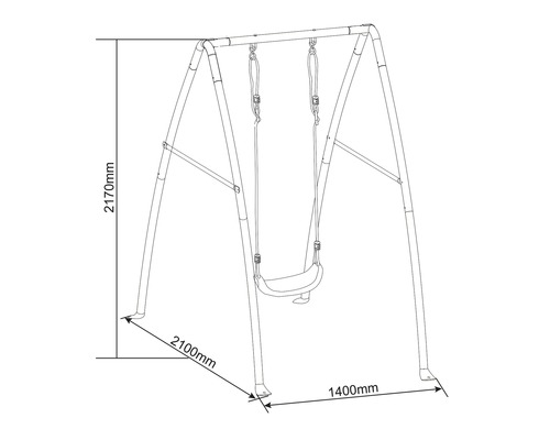 Schéma d''une balançoire de jardin avec dimensions : hauteur 2170 millimètres, longueur 2100 millimètres, largeur 1400 millimètres.