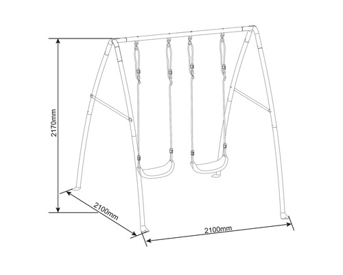 Dessin d''une balançoire double avec des dimensions de 2170 mm de hauteur et 2100 mm de largeur.