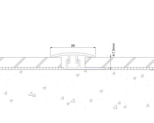 Zeichnung eines Übergangsprofils mit Maßangaben für Bodenbeläge