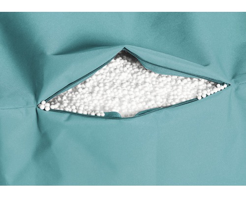 Pouf avec fermeture éclair ouverte et remplissage en billes de polystyrène