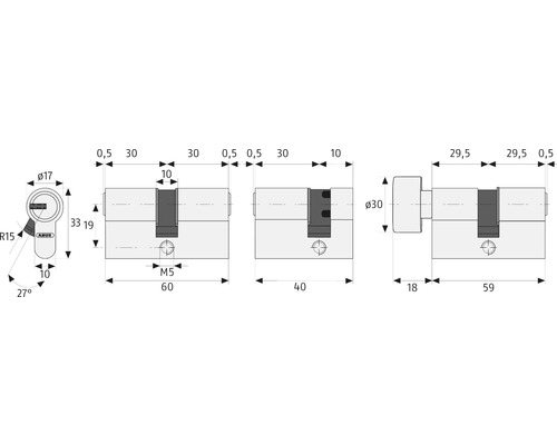 Schéma technique d''un cylindre de porte ABUS avec indications de mesure