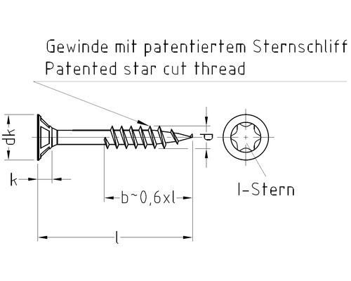Technische Zeichnung einer Schraube mit patentiertem Sternschliff