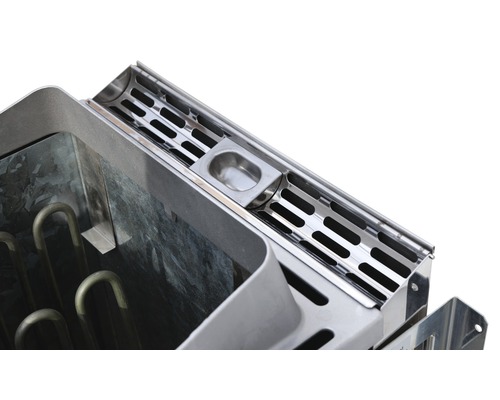 Vue détaillée d''un poêle de sauna en métal avec réservoir d''eau