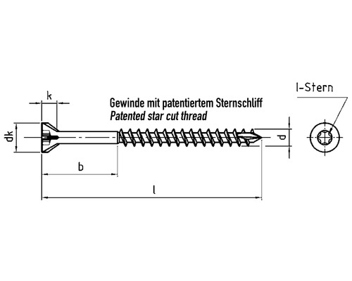 Technische Zeichnung einer Schraube mit patentiertem Sternschliff
