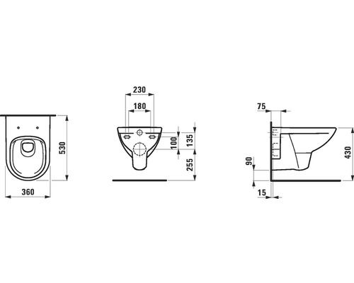Technische Zeichnung eines Wand-WCs mit Maßangaben.