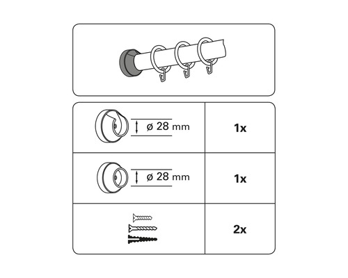 Illustration d''une tringle à rideaux avec accessoires pour montage mural, diamètre 28 millimètres