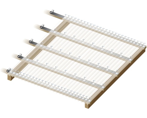 Illustration d''une structure en bois avec des plaques transparentes et des fixations.