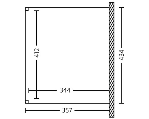 Dessin technique d''une étagère avec les dimensions 357 mm de largeur, 412 mm de hauteur et 344 mm de profondeur.