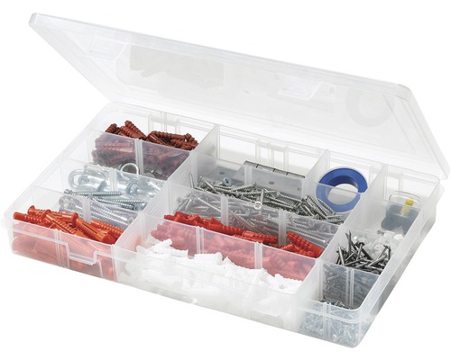 Boîte d''assortiment avec vis, chevilles et autres accessoires