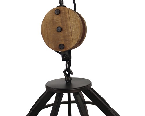 Gros plan d''une suspension avec disque en bois et structure métallique