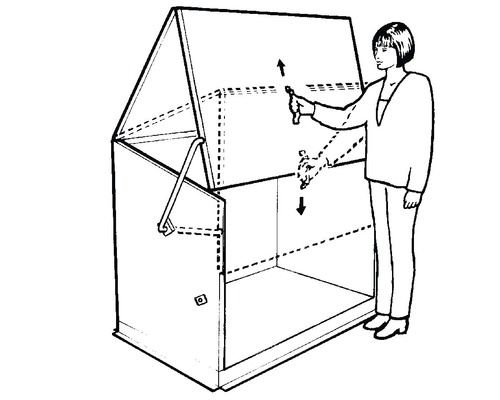 Illustration eines Mülltonnenhauses mit einer Frau, die den Deckel öffnet