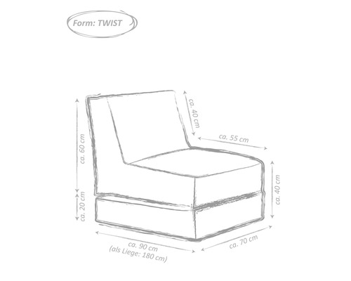 Schéma d''un fauteuil de forme Twist avec dimensions