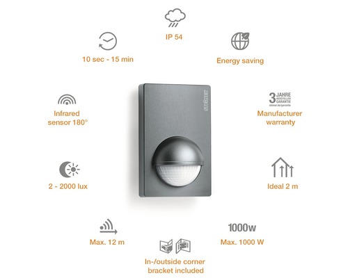 Steinelsensor mit 180 Grad Infrarotsensor, Energiesparfunktion und IP 54 Schutzart