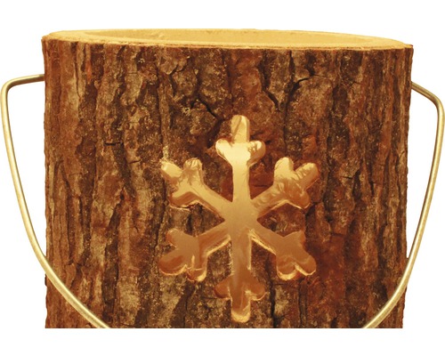 Holzgefäß mit Schneeflockenmuster und Metallgriff