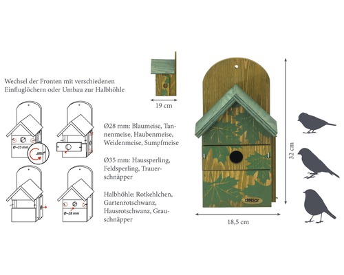 Holz-Vogelhaus mit verschiedenen Fronten und Einfluglöchern