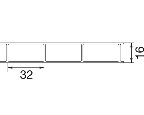 Abmessungen von Hohlkammerplatten: 16 mm hoch und 32 mm breit