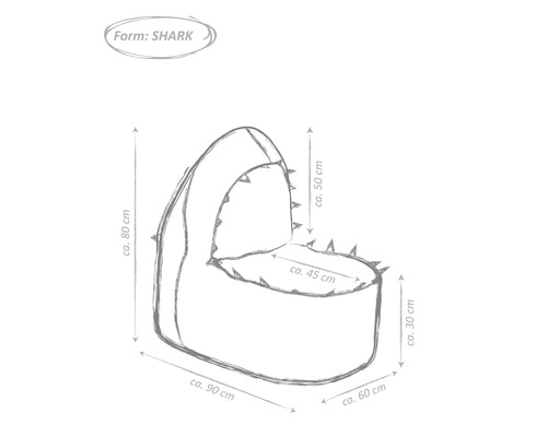 Skizze eines haiförmigen Kinderbettes mit Maßangaben