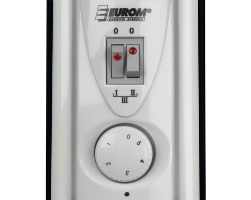 Detailansicht der Bedienelemente eines Heizgeräts mit Schaltern und Drehknopf zur Temperatureinstellung.