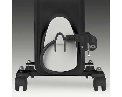 Detailansicht einer Elektroheizung mit Kabelaufwicklung und Rollen