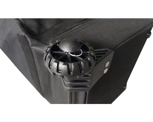 Detailansicht eines schwarzen Rollcontainers mit Rollen