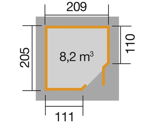 Plan avec dimensions et indication du volume de 8,2 mètres cubes