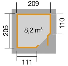 Plan avec dimensions et indication de volume de 8,2 mètres cubes