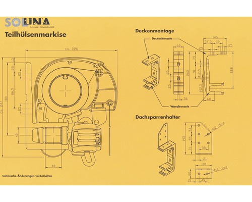 Technische Zeichnung einer Teilhülsenmarkise mit Maßangaben für Deckenmontage und Dachsparrenhalter