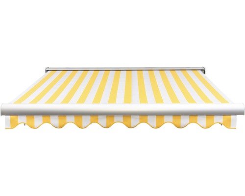 Markise mit gelben und weißen Streifen