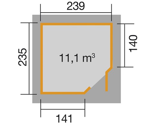 Grundrisszeichnung mit Abmessungen und Volumenangabe
