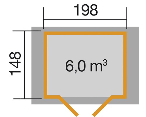 Plan avec les dimensions 148 x 198 et un volume de 6,0 mètres cubes