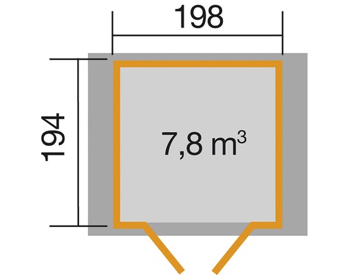 Plan d''un abri de jardin avec des dimensions de 198 sur 194 et un volume de 7,8 mètres cubes