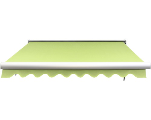 Ausgefahrene Gelenkarmmarkise mit gewelltem Abschluss