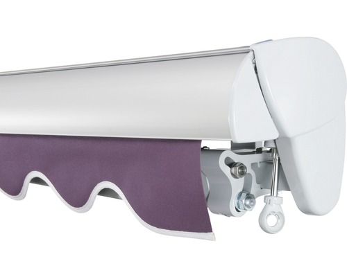 Vue détaillée d''un store banne à bras articulés avec lambrequin en tissu