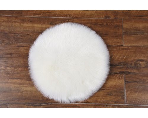 Tapis rond en fausse fourrure sur plancher en bois