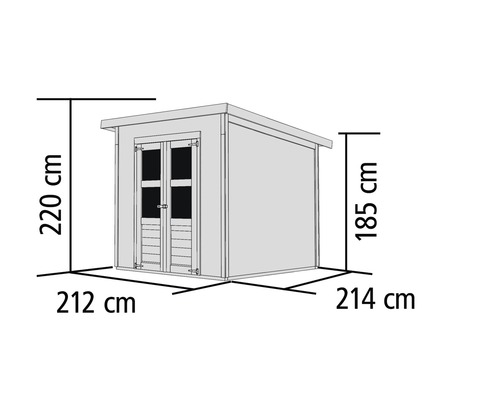 Abbildung eines Gerätehauses mit den Maßen 212 cm x 214 cm x 220 cm und einer Seitenhöhe von 185 cm.