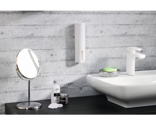 Scène de salle de bain avec lavabo, robinet, savon, cosmétiques, miroir et distributeur de savon
