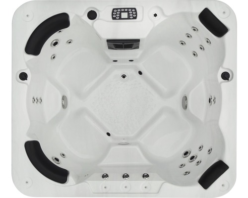Aufnahme von oben eines Whirlpools mit mehreren Sitzen, Düsen und Bedienelementen.