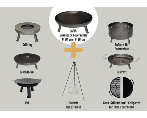 Buschbeck Feuerstelle Zubehör: Grillring, Feuerschale, Aufsatz, Löschdeckel, Grillrost, Wok, Dreibein mit Grillrost, Gussgrillrost und Grillplatte